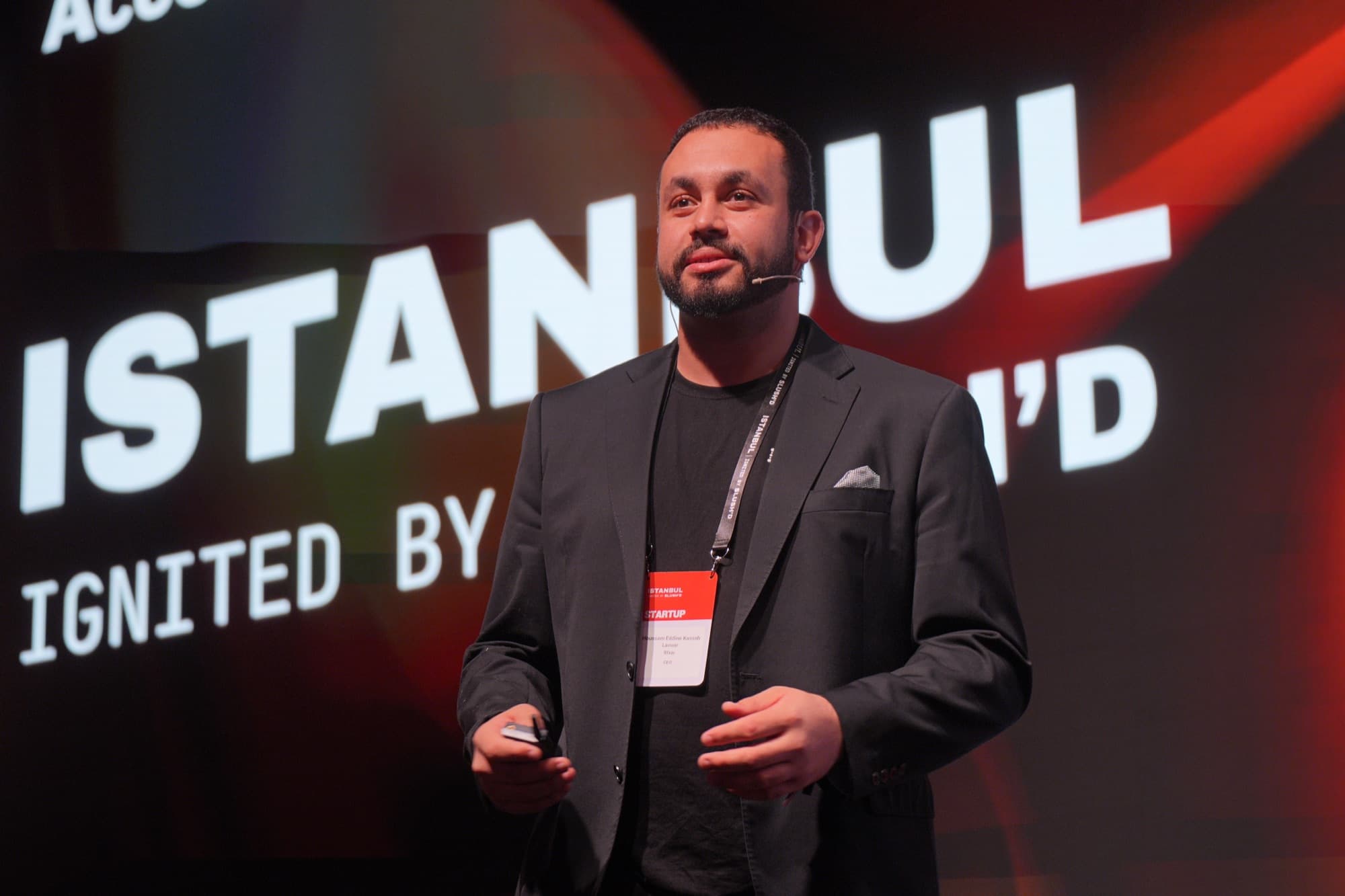 RFxAI's founder and CEO pitching on stage at the Google for Startups Accelerator: MENA-T Demo Day in Istanbul